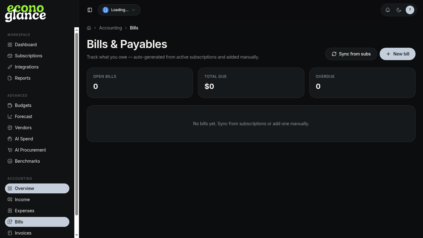Bills page with sync button